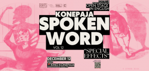 Konepaja Spoken Word is Helsinki’s English-language open stage for spoken word, poetry, and performance. It is organized by Helsinki Poetry Connection in collaboration with Kino Konepaja and Catalysti Association of Transcultural Artists, and produced by Vinski Valos.